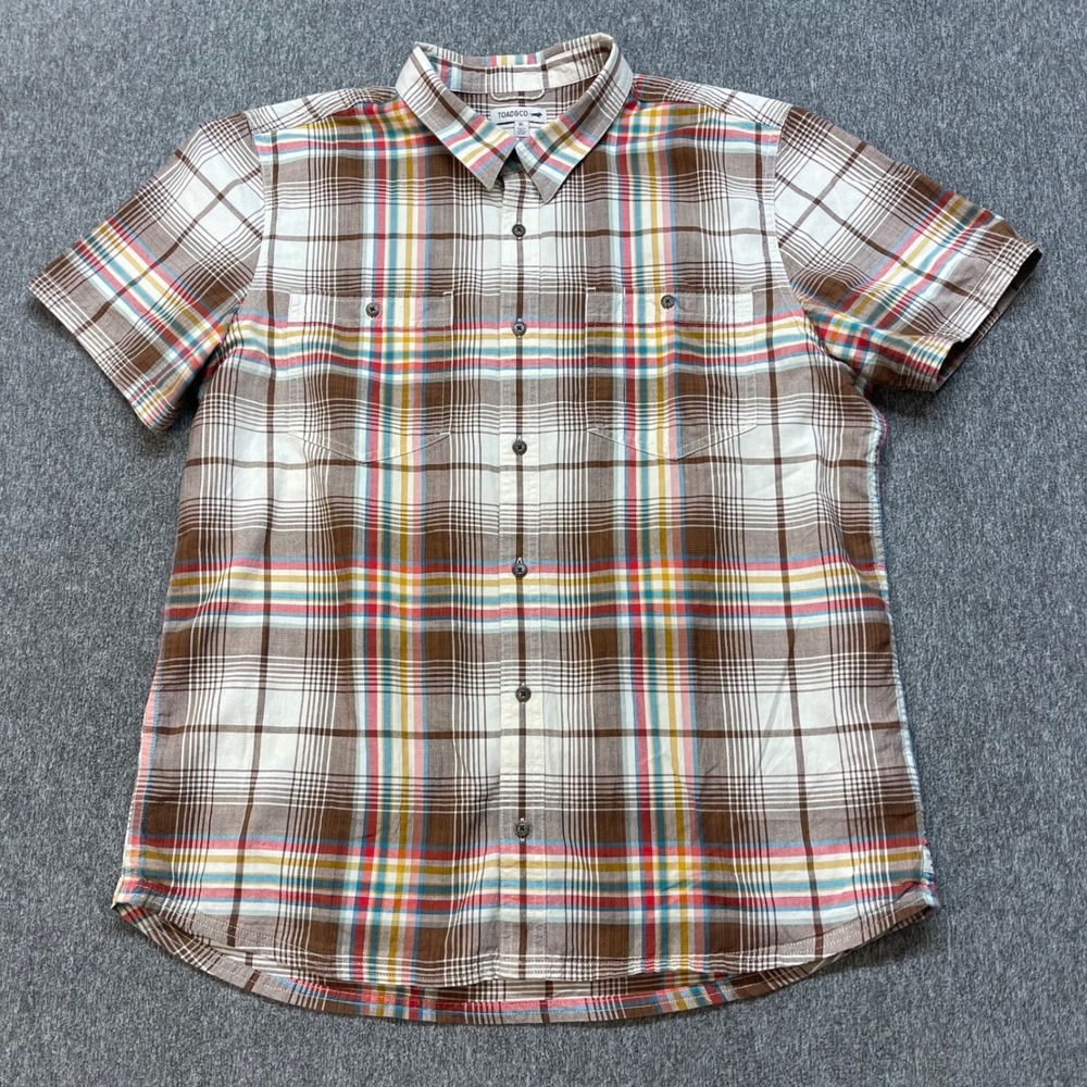 Toad&Co Mens XL Organic Cotton Short Sleeve Plaid‎ Button Down Trail Shirt
